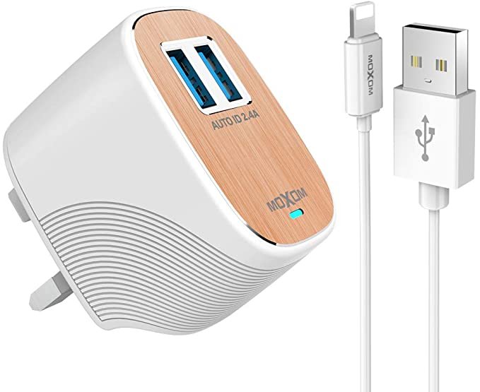 MOXOM 2.4A USB 2-Port Wall Charger Smart Charging with Cable