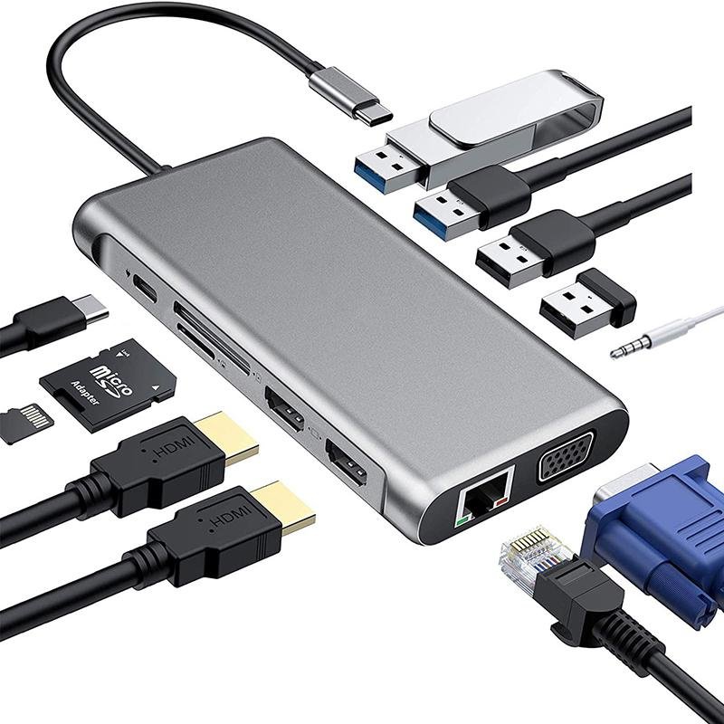 Type C To HDMI Multi Function 12 in 1 Type-C + 2 HDMI + 2 USB 3.0 + 2 USB 2.0 + VGA + SD + TF + Audio + LAN