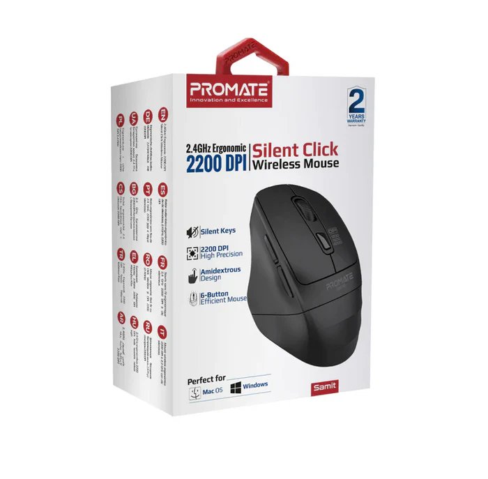 Promate 2200 DPI Silent Click Ergonomic Wireless Optical Mouse (SAMIT)