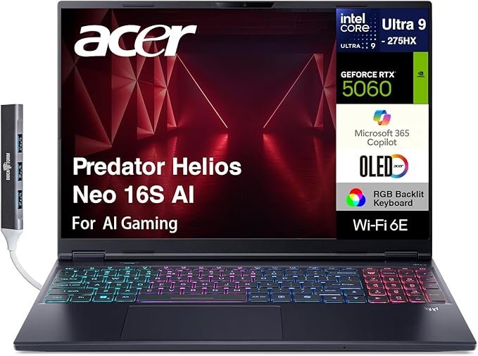 Acer Predator Helios Neo 16S AI Gaming Laptop Intel Core Ultra 9-275HX 16GB DDR5 RAM 1TB SSD 16" OLED WQXGA 240Hz Display 8GB GDDR7 GeForce RTX 5060 GPU Windows 11 Home Full-Size RGB Keyboard 1 Year Manufacturer