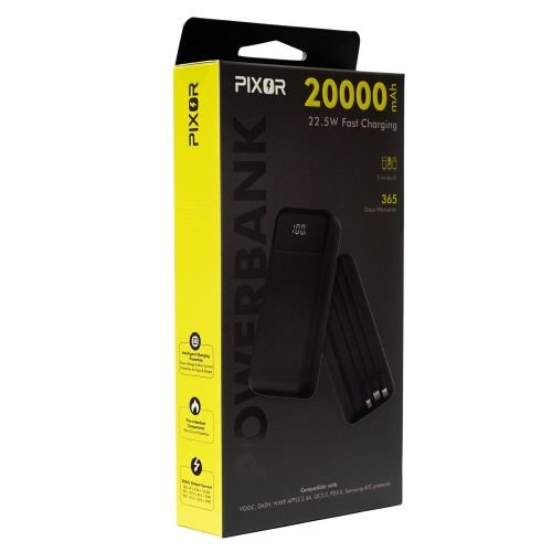 PIXOR Power Bank 20000mAh (12W) Built-in Lightning & USB-C Cables 4 Outputs (PixorPB-2012BK)
