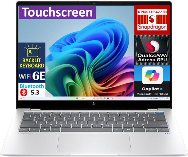 HP OmniBook X 14-fe1003dx Laptop Next Gen AI PC Copilot+ PC 512GB PCIe NVMe M.2 SSD 16GB LPDDR5x RAM Snapdragon X Plus X1P-42-100 Processor Qualcomm Adreno GPU HP True Vision 5MP IR Camera 14" 2.2K Touchscreen Display Poly Studio with Dual Speakers