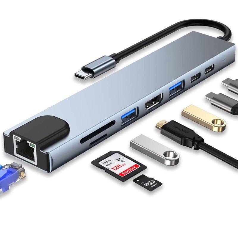 USB Type C To Multifunction 8 In 1 Docking Station USB Type C To USB 3.0 (3 Ports) Gigabit Ethernet HDMI SD & TF Card Reader USB Type C PD