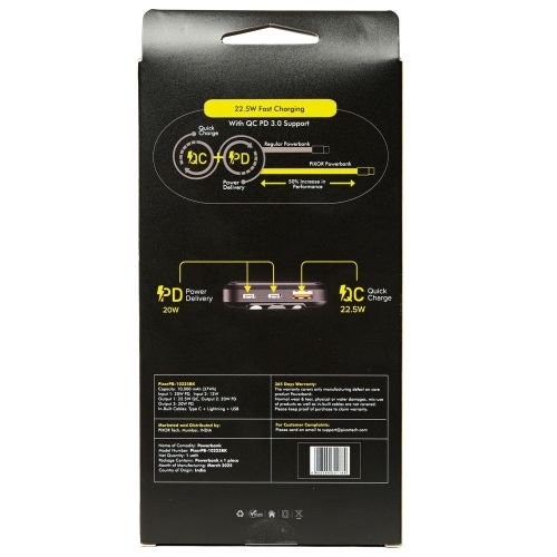 PIXOR Power Bank 10000mAh (12W) Built-in Lightning & USB-C Cables 4 Outputs (PixorPB-1012BK)