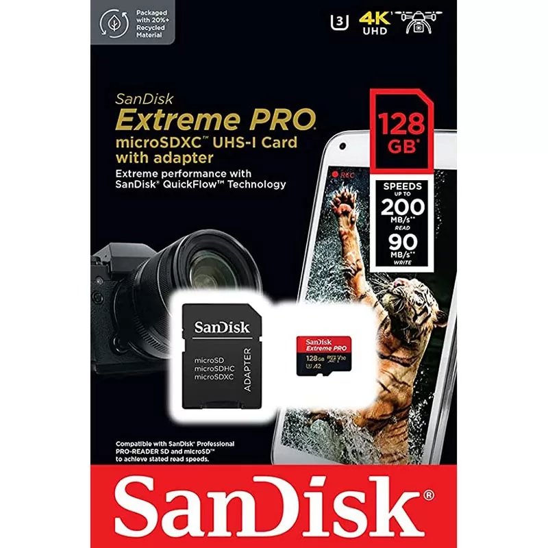 SanDisk Extreme Pro 128GB microSD SDXC UHS-I Card with Adapter 200MB/S 4K