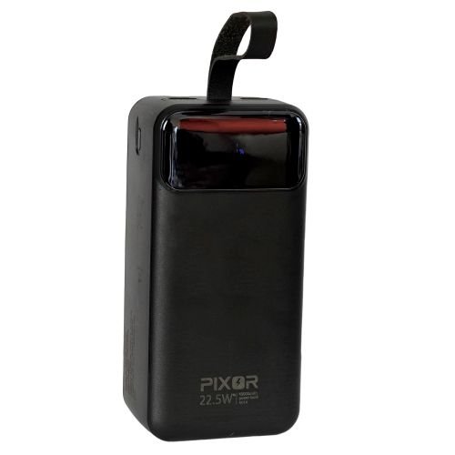 PIXOR 30,000mAh Power Bank (111Wh, 22.5W) 3 Built-in Cables (USB-C, Lightning, USB) 4 Outputs PixorPB-30225BK