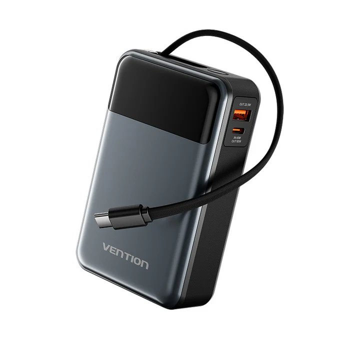 Vention 20000mAh 65W Power Bank (USB-C + USB-C/USB-A) with Built-in USB-C Cable LED Display Type