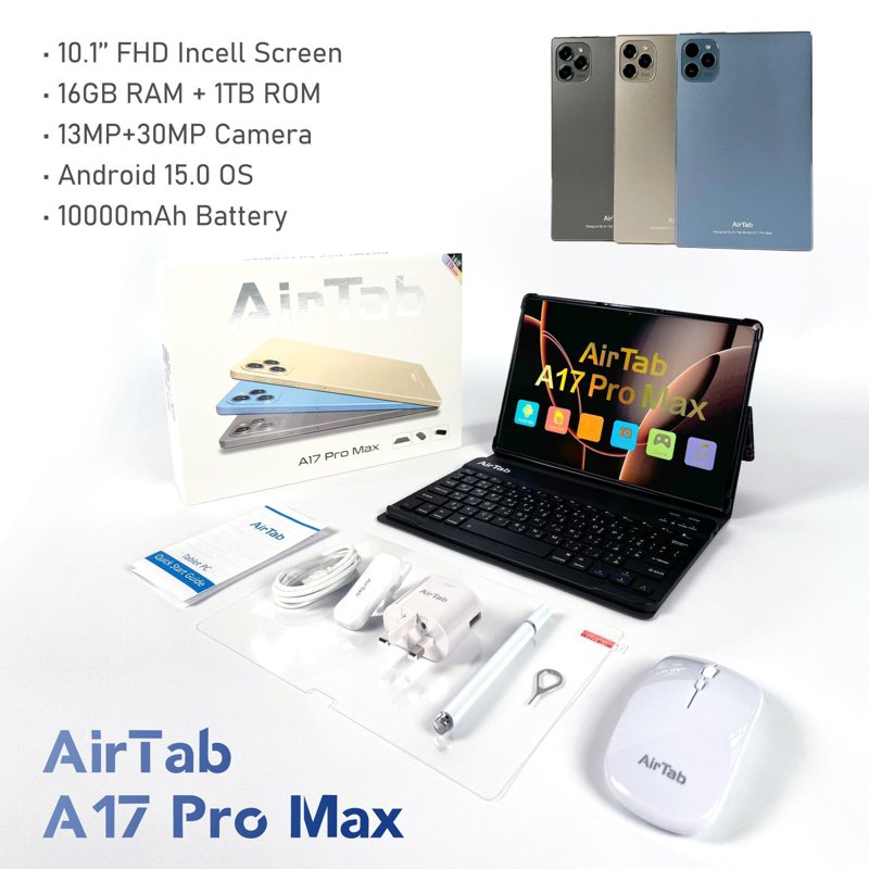 AirTab A17 Pro Max 5G Tablet 10.1" FHD Incell Display Android 15 16GB RAM 1TB ROM 13MP + 30MP Camera Bluetooth Headset Keyboard 10000mAh Battery