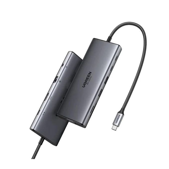 Ugreen 11-in-1 USB-C Multifunction Adapter – CM639 (UG-45520) × USB-A 3.2 1 × USB-A 3.0 2 × USB-C 3.2 1 × 4K HDMI 1 × VGA 1 × RJ45 Gigabit Ethernet 1 × SD Card Reader 1 × TF Card Reader 1 × AUX 3.5mm 1 × USB-C PD