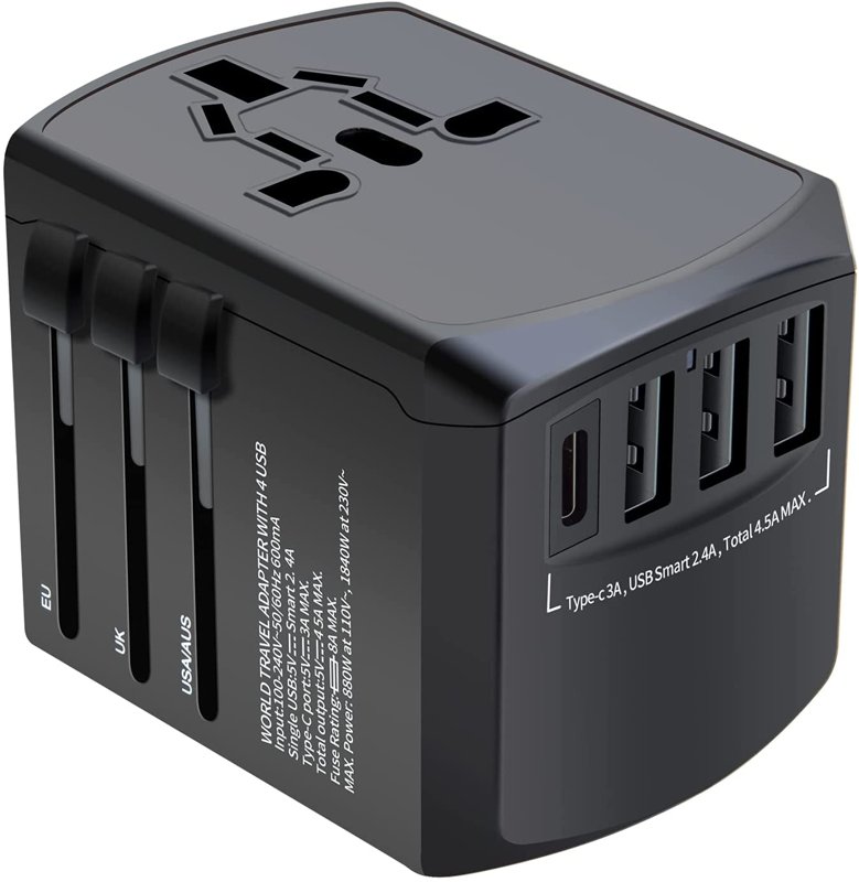 MOXOM Super Speed Universal Travel Adapter for Worldwide Travel International Power Adapter Plug Converter with 4 USB Ports All in One 3.0A USB C Wall Charger AC Socket for EU UK US AUS UAE
