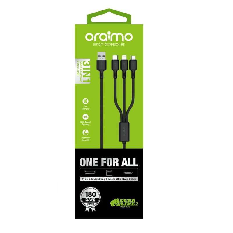 Oraimo 3 In 1 Type C & Lightining & Micro USB Cable OCD-X92 - One For All