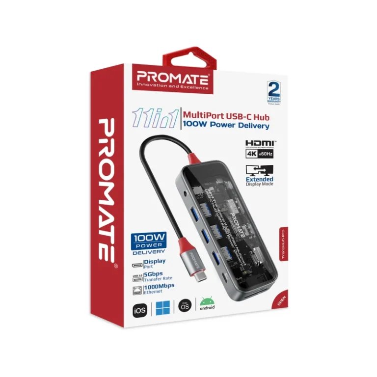 Promate Transhub-Pro 11-in-1 Transparent Ultra-Fast Multiport USB-C Hub with 100W Power Delivery