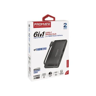 Promate MediaHub-C6 6-in-1 Highly Versatile Super Speed USB-C Media Hub with 100W Power Delivery
