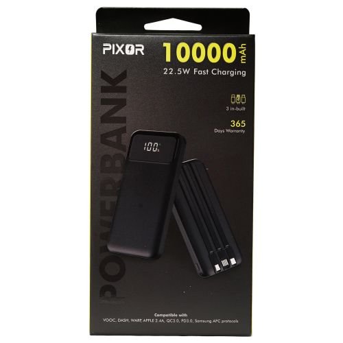 PIXOR Power Bank 10000mAh (37Wh, 22.5W) 3 Built-in Cables (USB-C, Lightning, USB) 3 Outputs (PixorPB-10225BK)