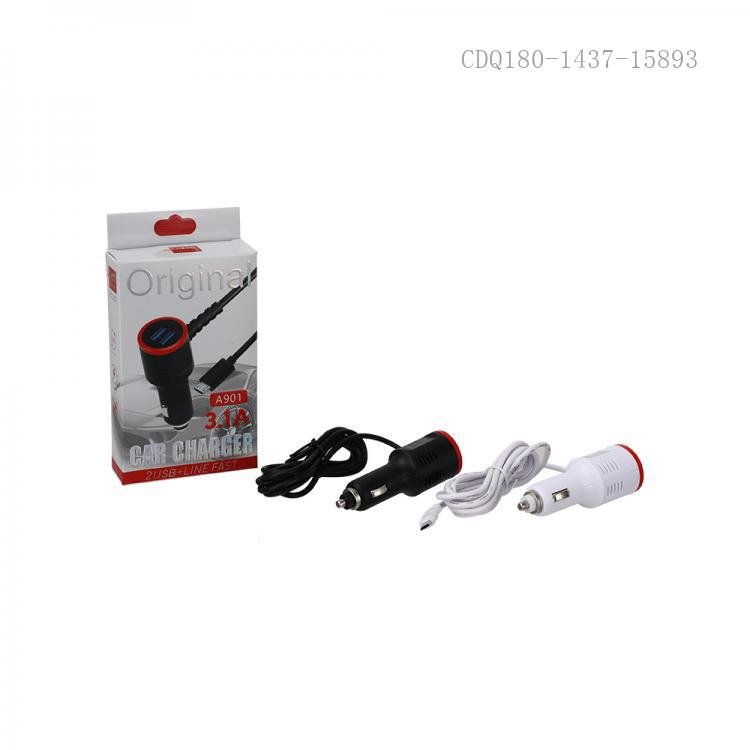 Car Charger with USB*2 Ports 1.2m Built-In USB Charging Cable A901
