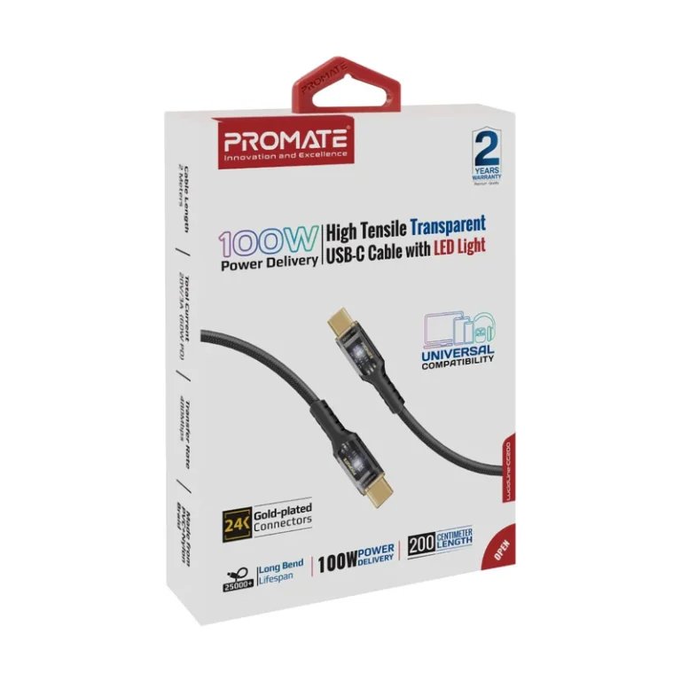 Promate LucidLine-CC200 100W Power Delivery Ultra-Fast USB-C Cable with Transparent Shells